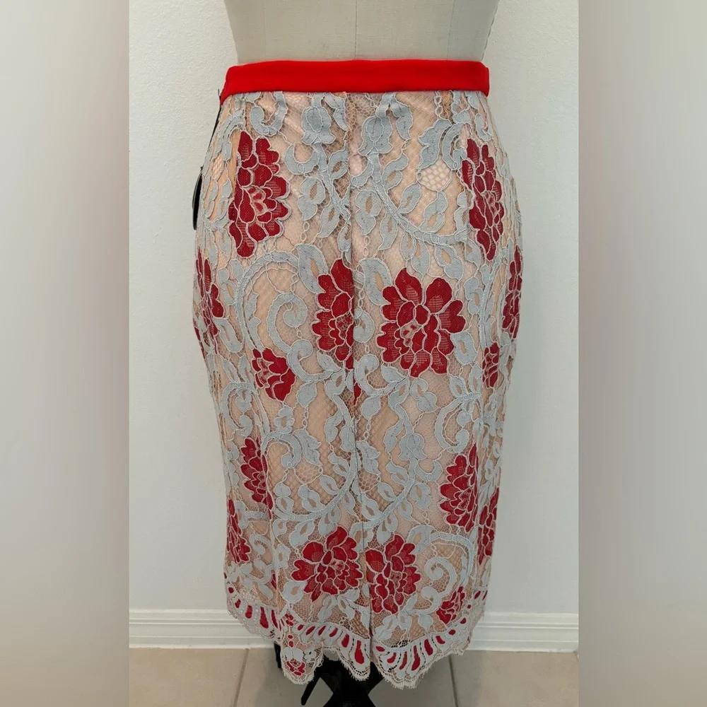 Eva Franco Lace Top & Skirt Set NWT 2 Pcs Persimmon Blue & Pale Pink Size 8